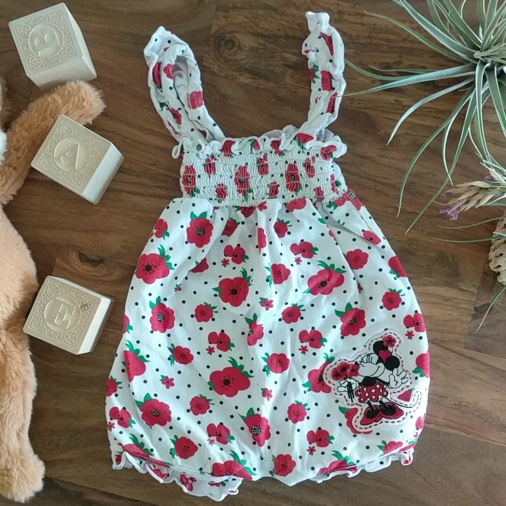 Disney Parks Red Flower Minnie Mouse Romper 3M
